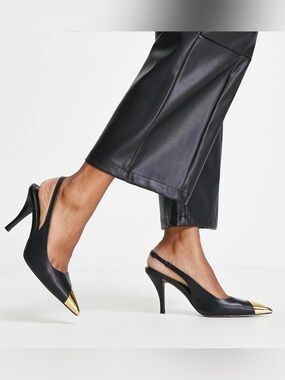 ASOS Black Slingback Pumps with Gold Pointed Caps Runs Big- 7 or 7.5 (6 bottom)